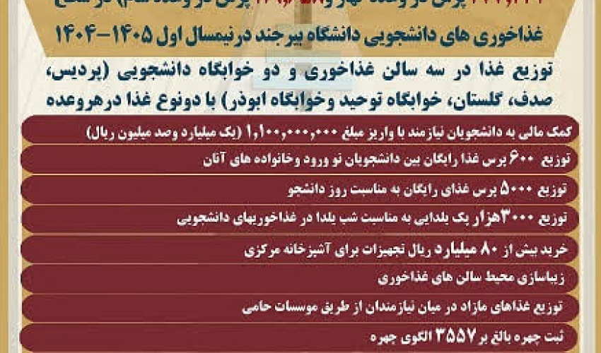 توزیع بیش از ۴۷۱ هزار پرس غذا در غذاخوری‌های دانشجویی دانشگاه بیرجند در نیمسال اول ۱۴۰۵–۱۴۰۴